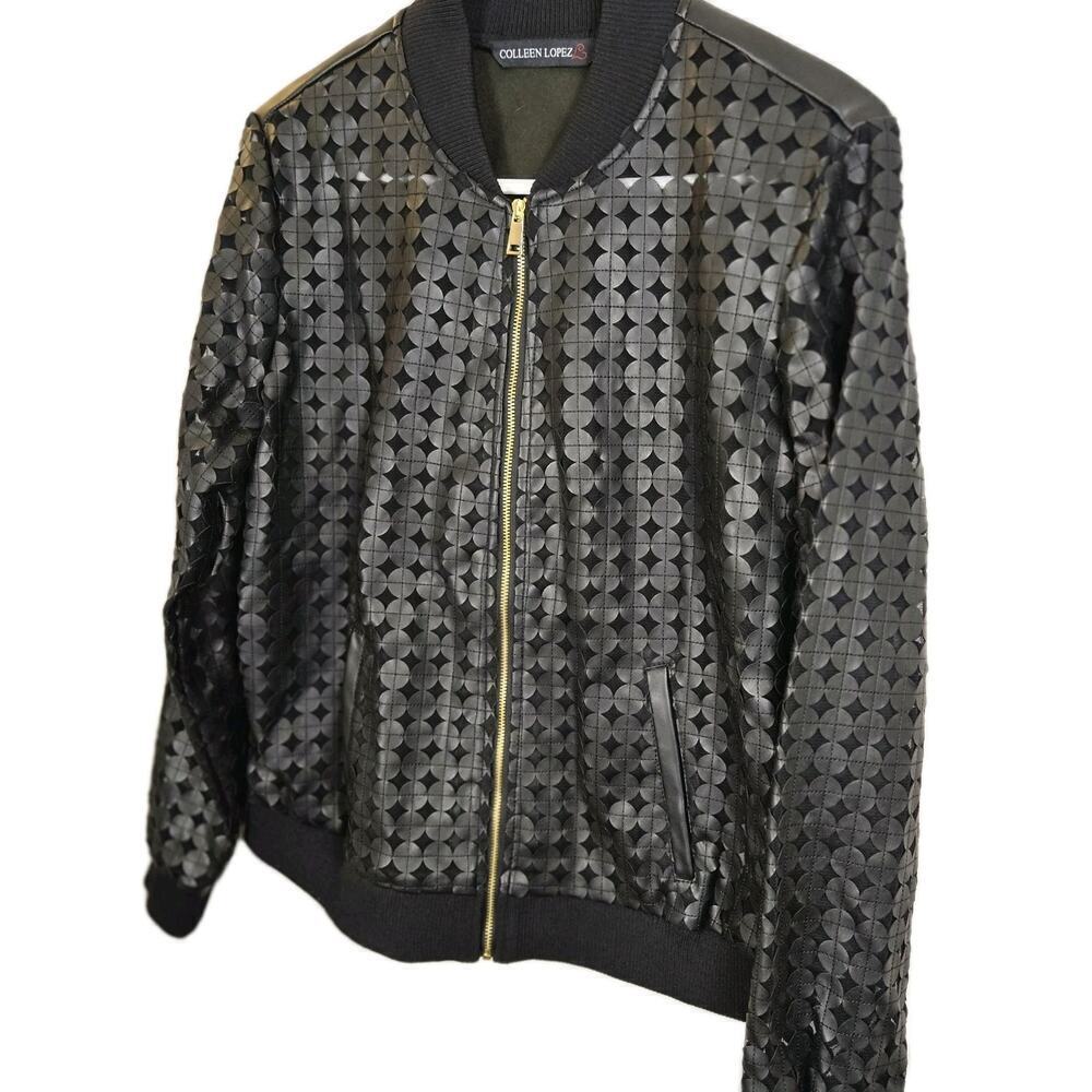 Colleen Lopez Faux Leather GEO SHEER FRONT Black Long Sleeve Size SMALL Moto